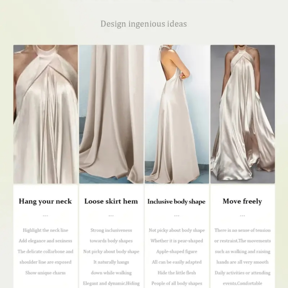 Elegant Cream Halter Neck Gown Formal Maxi Color Beige Woman Dress Flattering - Picture 3 of 7